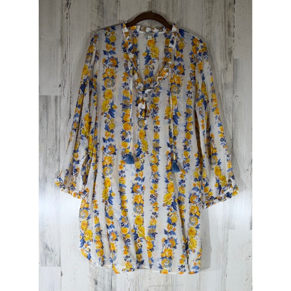J Crew Beachwear Tunic Large White Yellow Floral Stripe Tassel Coverup READ